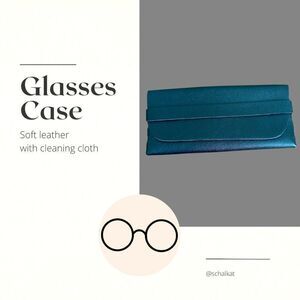 Glasses Case fits many sizes. Black Leather. Soft Interior. With Cleaning Cloth